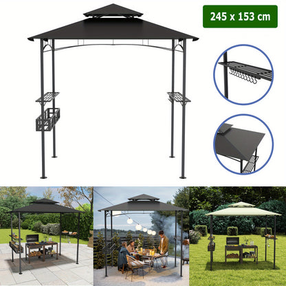 Barbecueoverkapping – Grillpaviljoen – BBQ Shelter – Terrasoverkapping – Barbecuetent – Beige Polyester – Met Dubbel Dak en Metalen Frame – Inclusief Zijplanken en Opbergmand met Haken