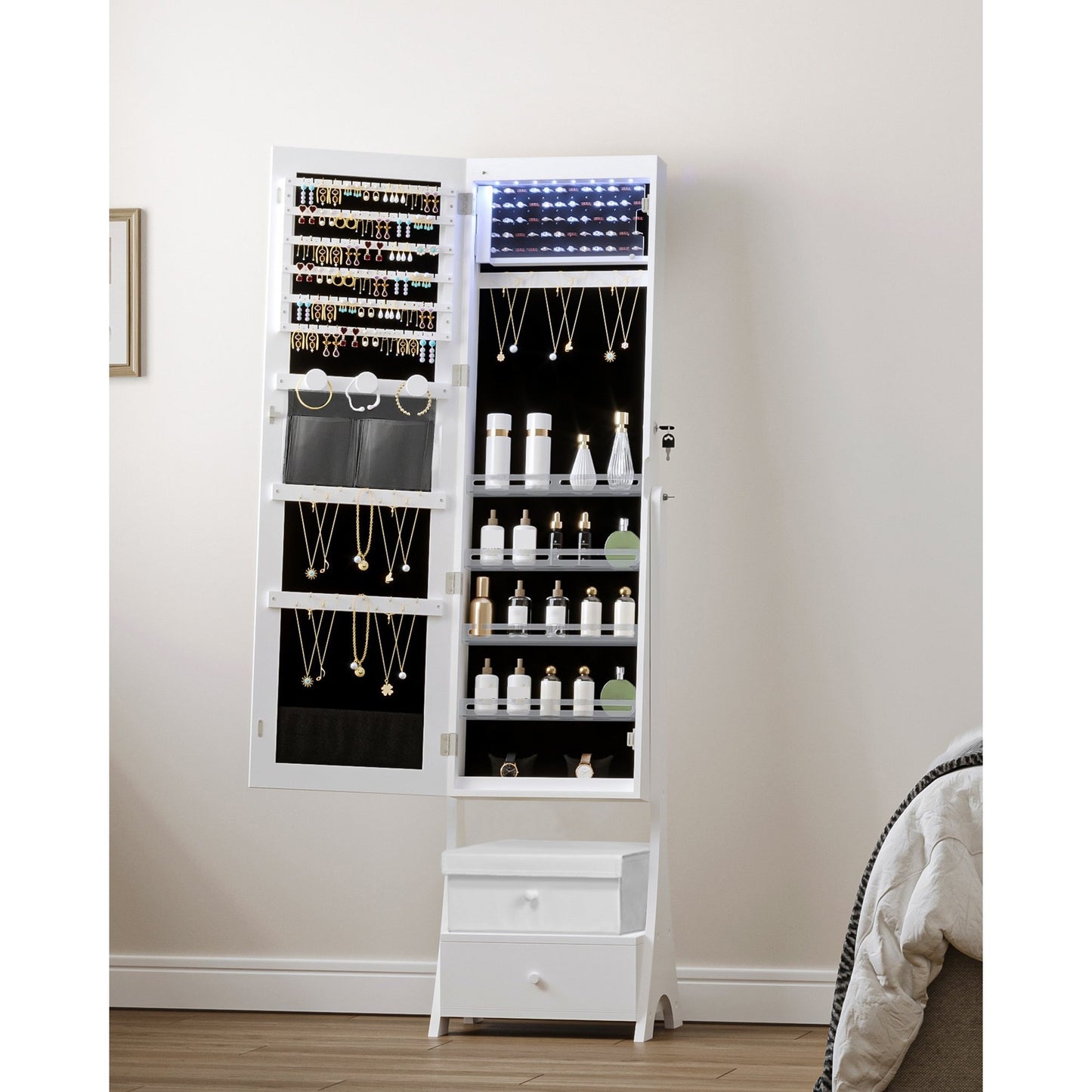 Sieradenkast – Sieradenhouder – Make-upkast – Opbergkast – Spiegelkast – Vrijstaand Ontwerp – Grote Frameloze Spiegel – MDF met Zwarte Velvet Bekleding – Met Lade en 90 Vakjes