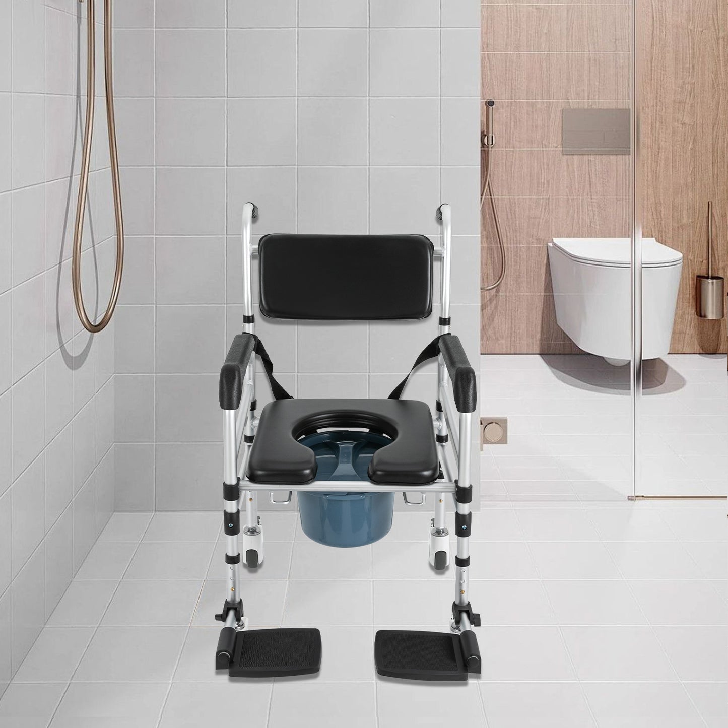 Douchekruk – Douchestoel – Badkruk – Douchezitje – Douche-/Toiletstoel – Verstelbaar In Hoogte – Met 4 Wielen Met Remmen – Met Bidet En Veiligheidsriem – Stevig Metalen Frame Tot 160 kg