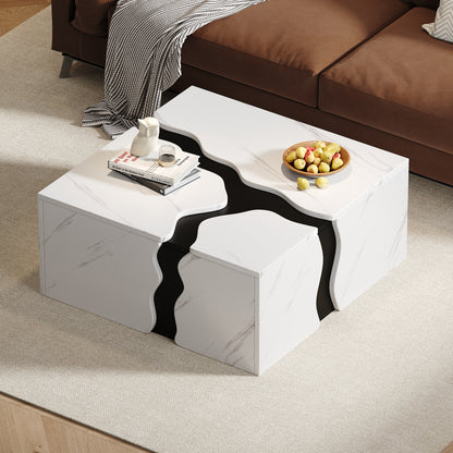 Living Room Coffee Table | 70 x 70 x 31 cm, Cubic Geometric Design, Side Table with Drawer, Uniquely Shaped Marble-Topped Table, Multifunctional Storage and Games Table, Modern Style, Metal Material