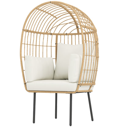 Rotan Ei-Stoel – Rattan Stoel – Tuinstoel – Buitenzetel – Lounge Stoel – Beige – Handgevlochten Rotan – Afneembaar Gewatteerd Kussen – 95x80x155 cm