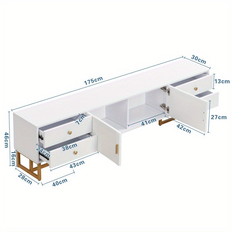 TV-meubel – TV-kast – Televisiemeubel – Media Meubel – Lowboard – Modern Design – Glanzend Wit MDF – Gouden Accenten – 178 cm – Ruime Opbergruimte met Laden