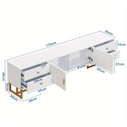 TV-meubel – TV-kast – Televisiemeubel – Media Meubel – Lowboard – Modern Design – Glanzend Wit MDF – Gouden Accenten – 178 cm – Ruime Opbergruimte met Laden