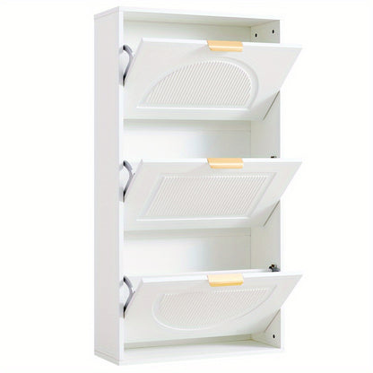 Modern White Narrow Shoe Cabinet with 3-Tier Shelves & Baffles - Space-Saving Vertical -Standing MDF Shoe Storage Unit, Golden-Like Label-Compatible for Hallway, Living Room, Entryway - Compact Shoe Rack (60x24x114cm), Shoe S