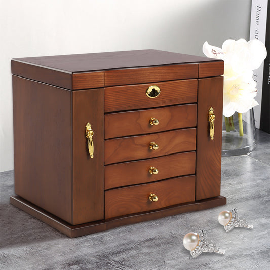 Sieradenkistje – Sieradendoos – Juwelendoos – Sieradenbox – Sieradenhouder – Vintage Stijl – Massief Hout – Cijferslot Met Spiegel – 5 Laags Organizer – Zachte Stoffering