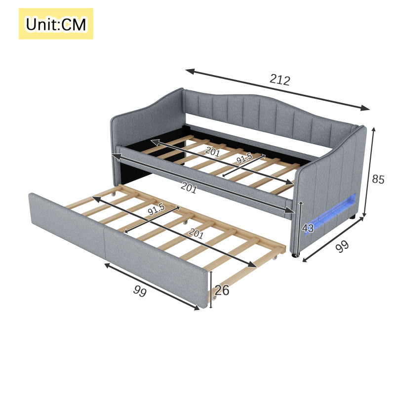 Bedbank – Slaapbank – Sofa Bed – Tagesbett – Eenpersoonsbed – Uittrekbaar Bed – Linnen Bekleding – 90x200 cm