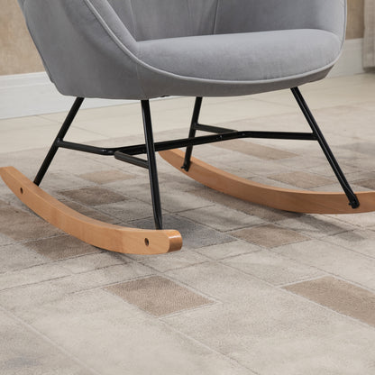Schommelstoel – Relaxstoel – Rocking Chair – Schommelstoel Velvet – Stoel Lichtgrijs – Velvetlook Quilting – Houten Sledes – Draaggewicht 150 kg