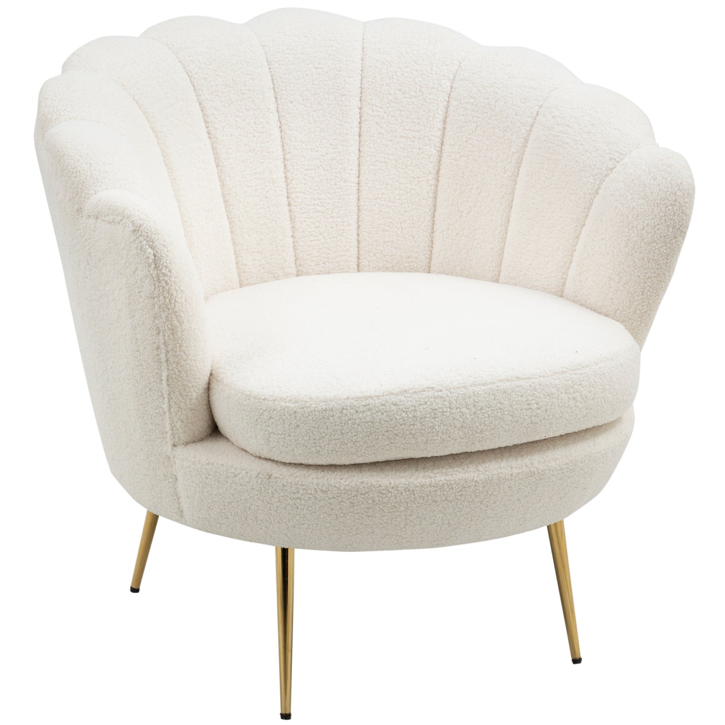 Shell Fauteuil – Relaxstoel – Zithoekstoel – Leesstoel – Loungefauteuil – Compact Wit Design – 10 Cm Dikke Schuimvulling – Metalen Frame Gouden Poten