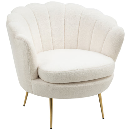 Shell Fauteuil – Relaxstoel – Zithoekstoel – Leesstoel – Loungefauteuil – Compact Wit Design – 10 Cm Dikke Schuimvulling – Metalen Frame Gouden Poten