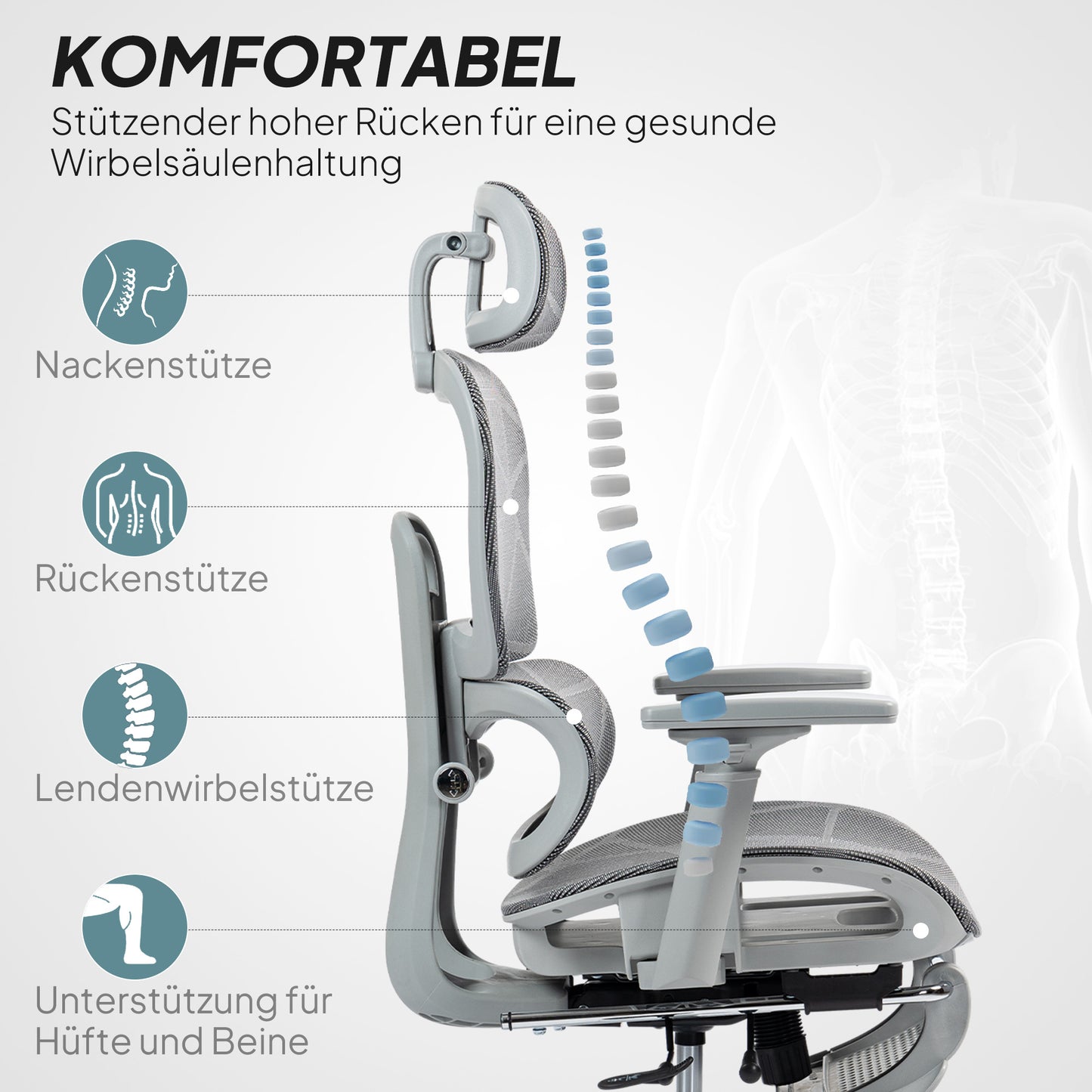 Ergonomische Bureaustoel – Kantoorstoel – Bureauzetel – Werkstoel – Bureaustoel Met Armleuningen – Grijs – Verstelbare Hoofdsteun – Ademend Mesh