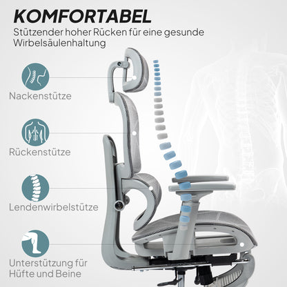 Ergonomische Bureaustoel – Kantoorstoel – Deskchair – Werkstoel – Mesh Bureaustoel – Verstelbare Armleuningen – Ademend Mesh Stof – Grijs