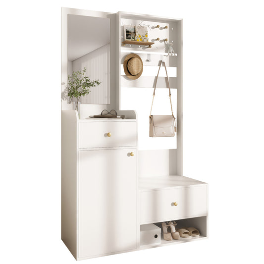 Kledingkast – Garderobekast – Opbergkast – Kleerkast – Garderobe – Compact Wit – Met Spiegeldeur – Met Verstelbare Planken en 2 Lades – Ruimtebesparend Met Stevig Metalen Frame