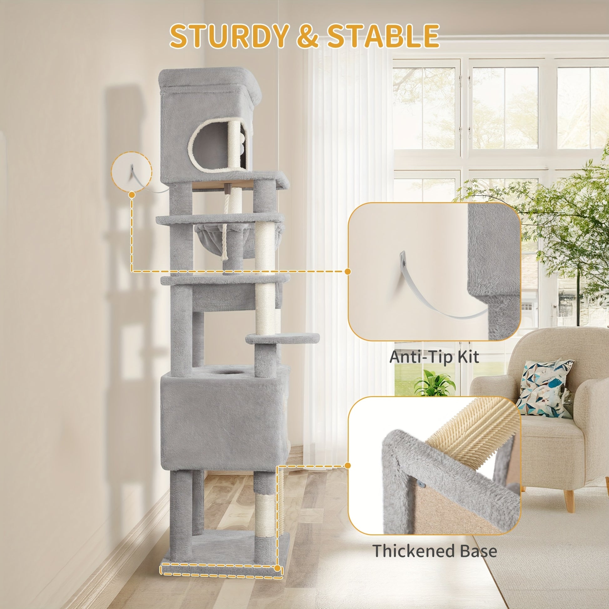 Cat Scratching Post with Large Platform, 2 Caves, 7 Scratching Posts, Pompoms, Loungers, Hammock, Suitable for All Cat Breeds, Light Grey/Dark Grey - QUORE