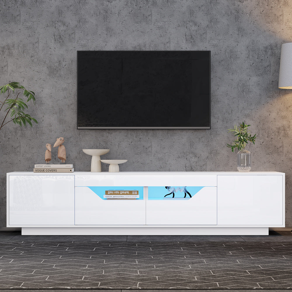 Modern TV Stand Compatible for 75-Inch TVs with 2 Drawers & 2 Doors - Low Profile Floor-Standing Cabinet, Sturdy Metal Frame, Ample Storage for Media Players/Gaming Consoles, Fits for Screens