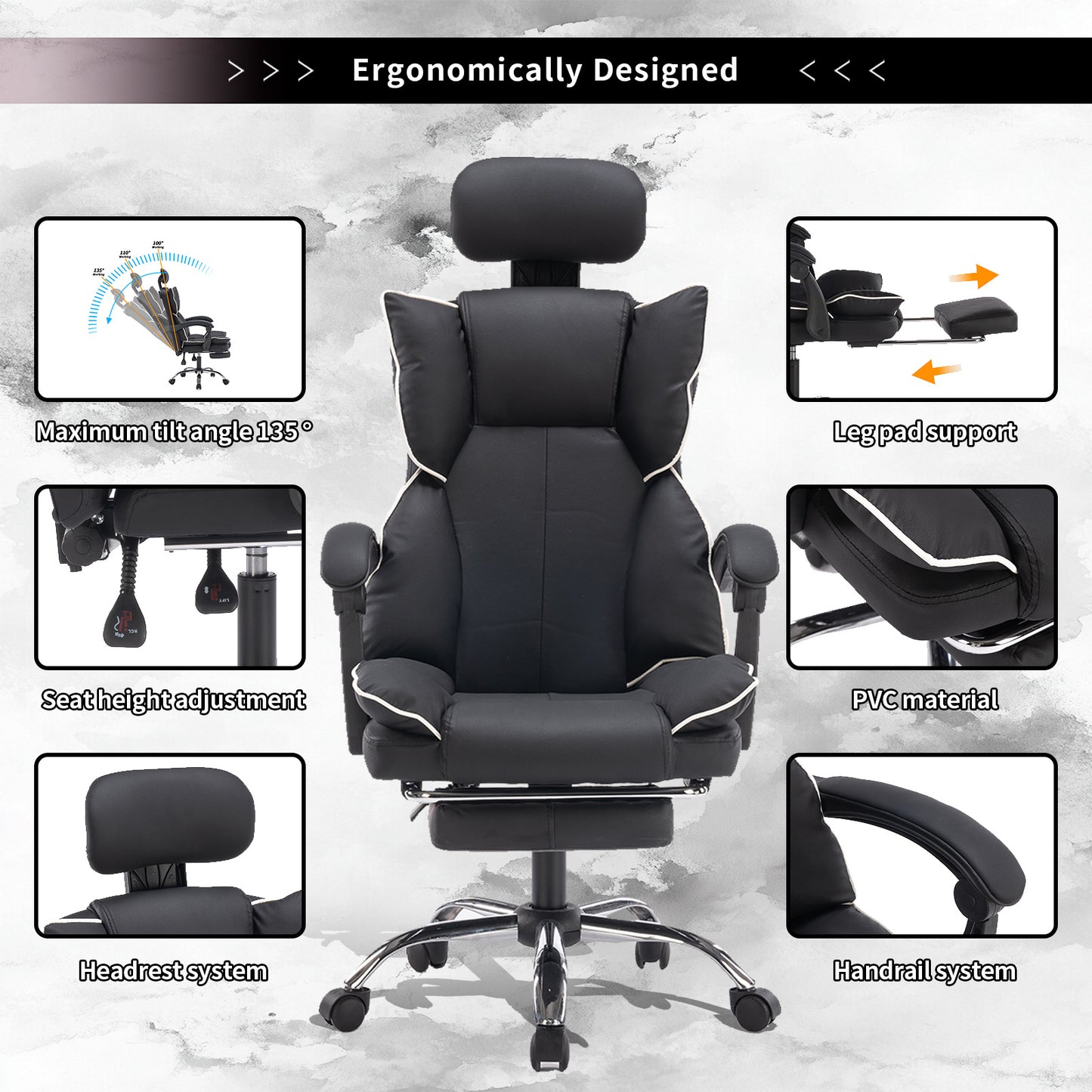 Gamingstoel – Bureaustoel – Kantoorstoel – Gamestoel – Computestoel – Verstelbaar in Hoogte – PU Leer Met Zachte Schuimvulling – Zwart Met Wit Randje – Ergonomische Rugondersteuning – 5-Wiel Basis Voor Tapijt