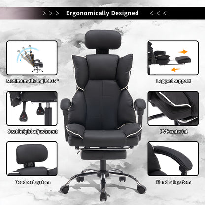 Gamingstoel – Bureaustoel – Kantoorstoel – Gamestoel – Computestoel – Verstelbaar in Hoogte – PU Leer Met Zachte Schuimvulling – Zwart Met Wit Randje – Ergonomische Rugondersteuning – 5-Wiel Basis Voor Tapijt
