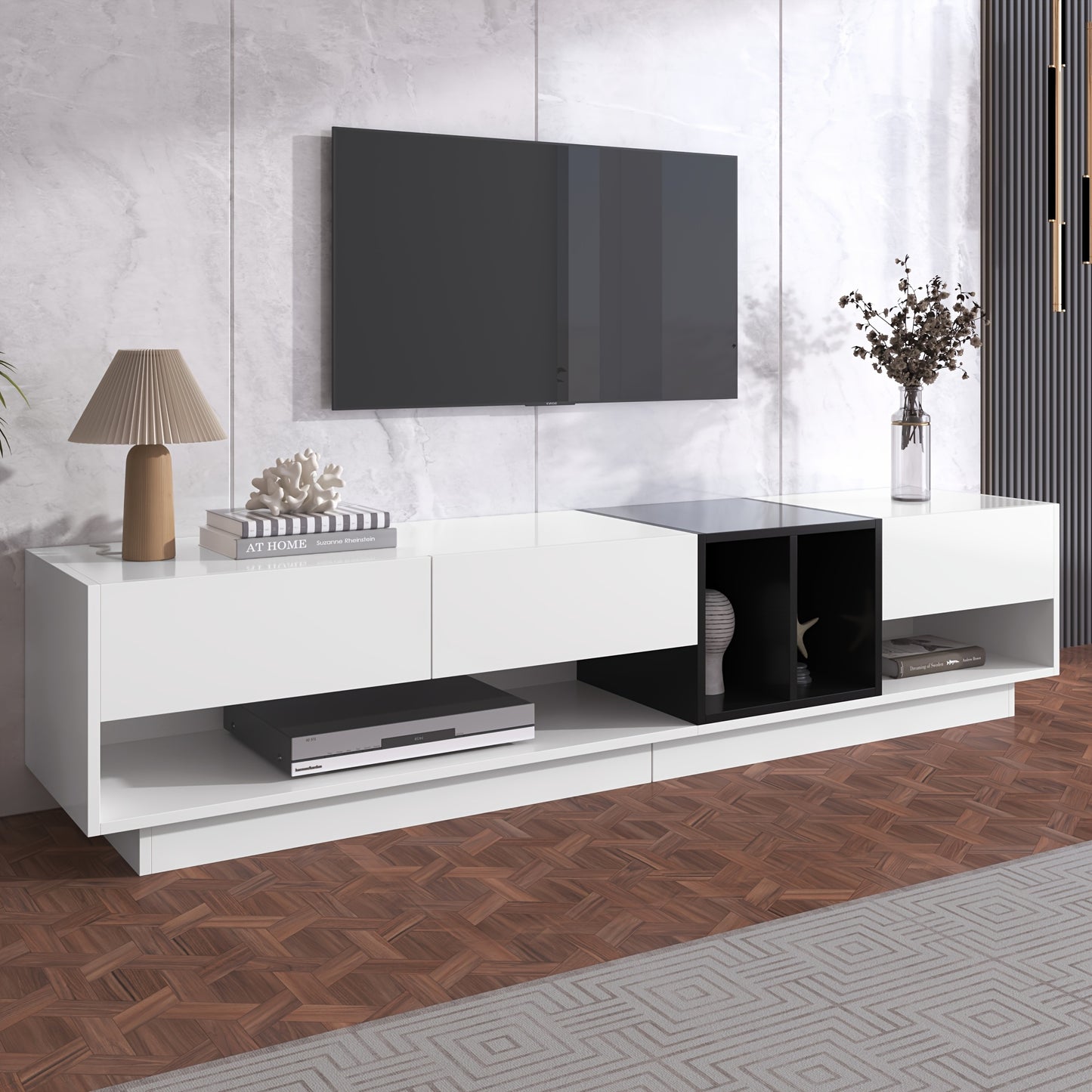 TV Cabinet, Entertainment Cabinet, Low Cabinet, White and Black High Gloss Combination. Colour blocking design, drawers, compartments, multiple storage spaces, 190*40*34 cm