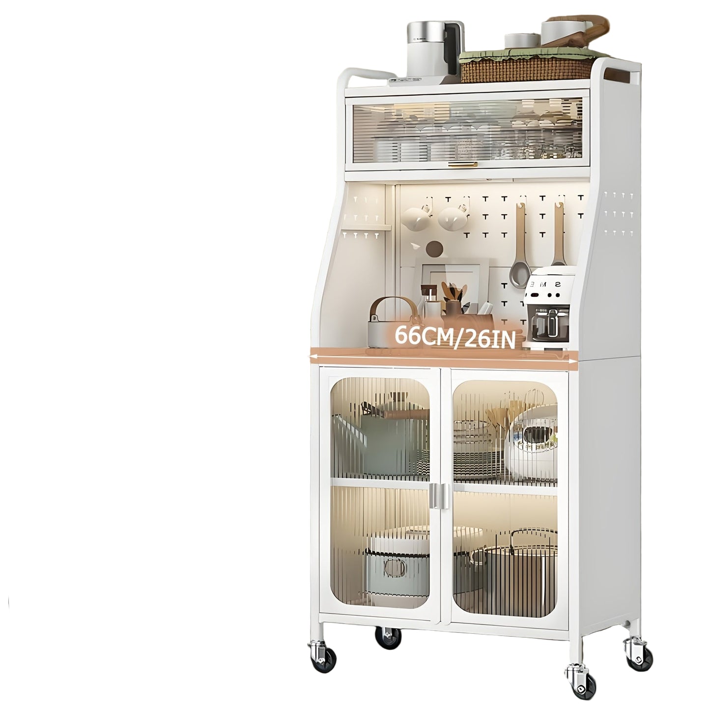 Keukenkast – Keukenbuffet – Opbergkast – Keukenpantry – Keukenonderkast – Met Wielen – Verstelbare Legplanken – Hoog – Met Werkblad – Wit – 66x36x160 cm