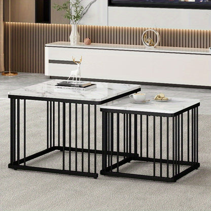 Koffietafel Set – Salontafel – Bijzettafel – Lounge Tafel – Woonkamertafel – Hoogglans Marmerlook – Verstelbare Pootjes – Metaal – 2-delig – 60x60x45 & 45x45x40 cm