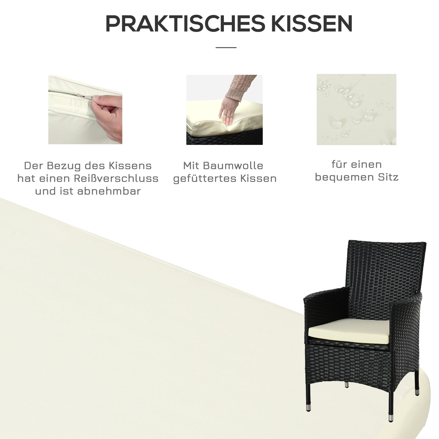 Rattan Tuinmeubelset – Bistroset – Balkonset – Tuinstoelen – Tuinmeubilair – Grijs – Poly Rattan & Stalen Frame – Glas Tafelblad met Kussens