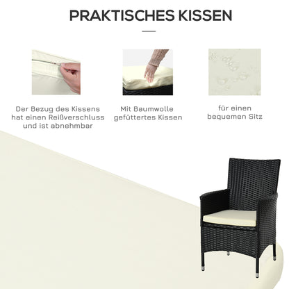 Rattan Tuinmeubelset – Bistroset – Balkonset – Tuinstoelen – Tuinmeubilair – Grijs – Poly Rattan & Stalen Frame – Glas Tafelblad met Kussens