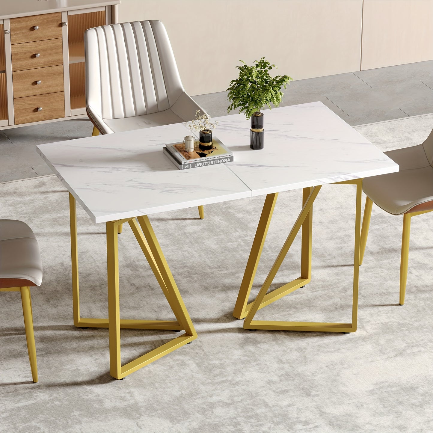 Eettafel – Dinertafel – Keukentafel – Uitschuifbare Tafel – Marmerlook Tafel – Wit Met Gouden Accenten – Verstelbare Poten – Uitschuifbaar Design