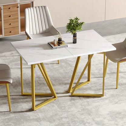 Eettafel – Dinertafel – Keukentafel – Uitschuifbare Tafel – Marmerlook Tafel – Wit Met Gouden Accenten – Verstelbare Poten – Uitschuifbaar Design