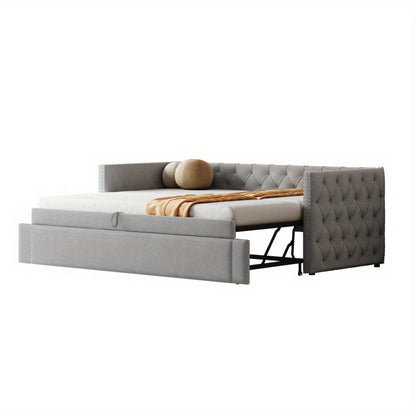 Bedbank – Slaapbank – Uitschuifbed – Logeerbed – Multifunctioneel Bed – Gestoffeerd Fluweel – 90x200 cm – Huidvriendelijk & Stevig Metalen Frame - Grijs