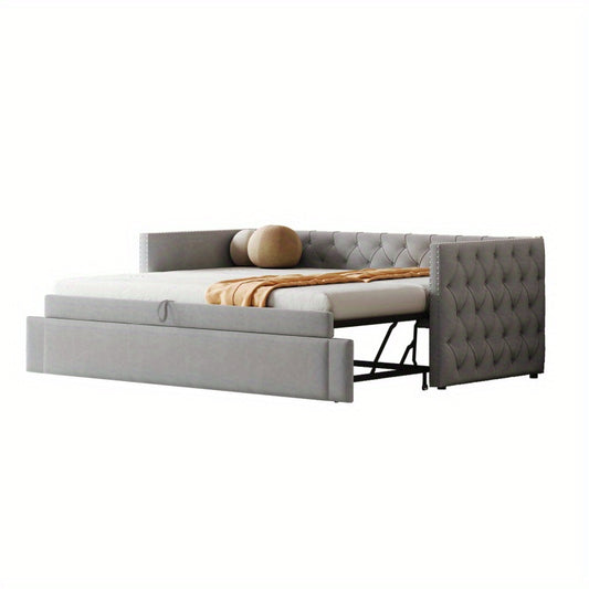 Bedbank – Slaapbank – Uitschuifbed – Logeerbed – Multifunctioneel Bed – Gestoffeerd Fluweel – 90x200 cm – Huidvriendelijk & Stevig Metalen Frame - Grijs