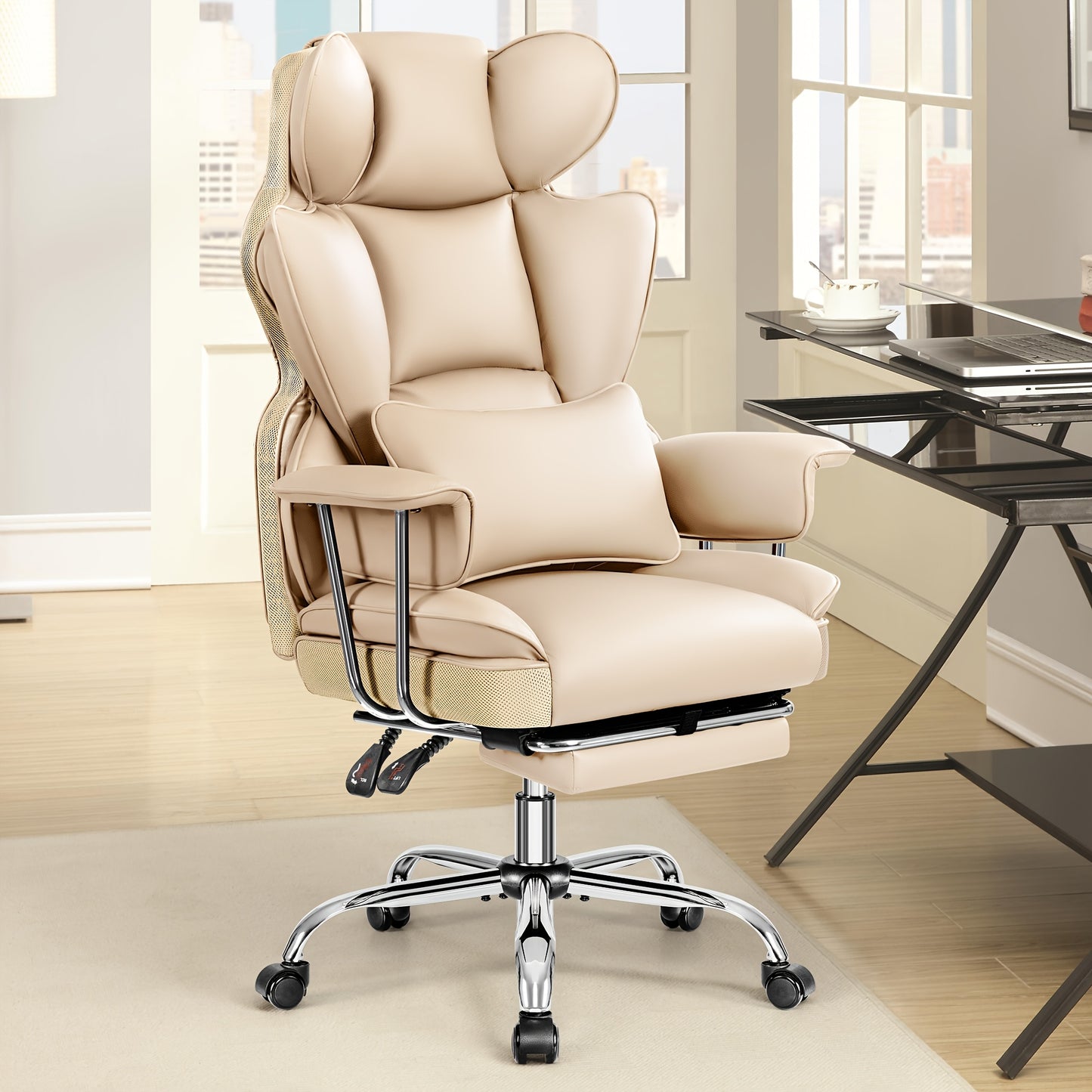 Bureaustoel – Bureaustoel Ergonomisch – Bureaustoel Met Voetensteun – Bureaustoel Verstelbaar – Grote Bureaustoel – Beige Kunstleer – Ergonomische Hoge Rugleuning – Robuust Metalen Frame