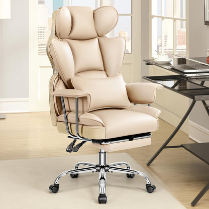 Bureaustoel – Bureaustoel Ergonomisch – Bureaustoel Met Voetensteun – Bureaustoel Verstelbaar – Grote Bureaustoel – Beige Kunstleer – Ergonomische Hoge Rugleuning – Robuust Metalen Frame