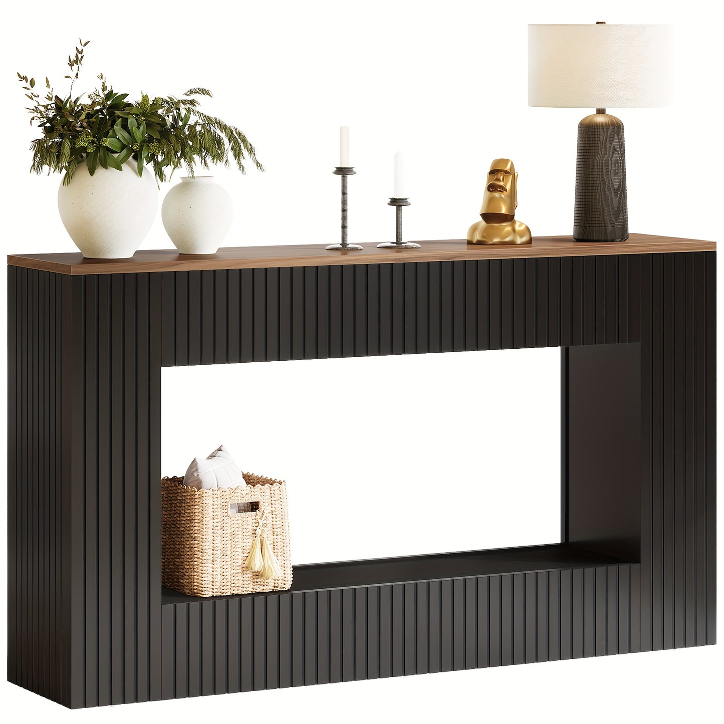 Sidetable – Console Tafel – Halmeubel – Bijzettafel – Sofa Tafel – Walnoot & Zwart – Smal Langwerpig Ontwerp – Hoogwaardig Houten Materialen