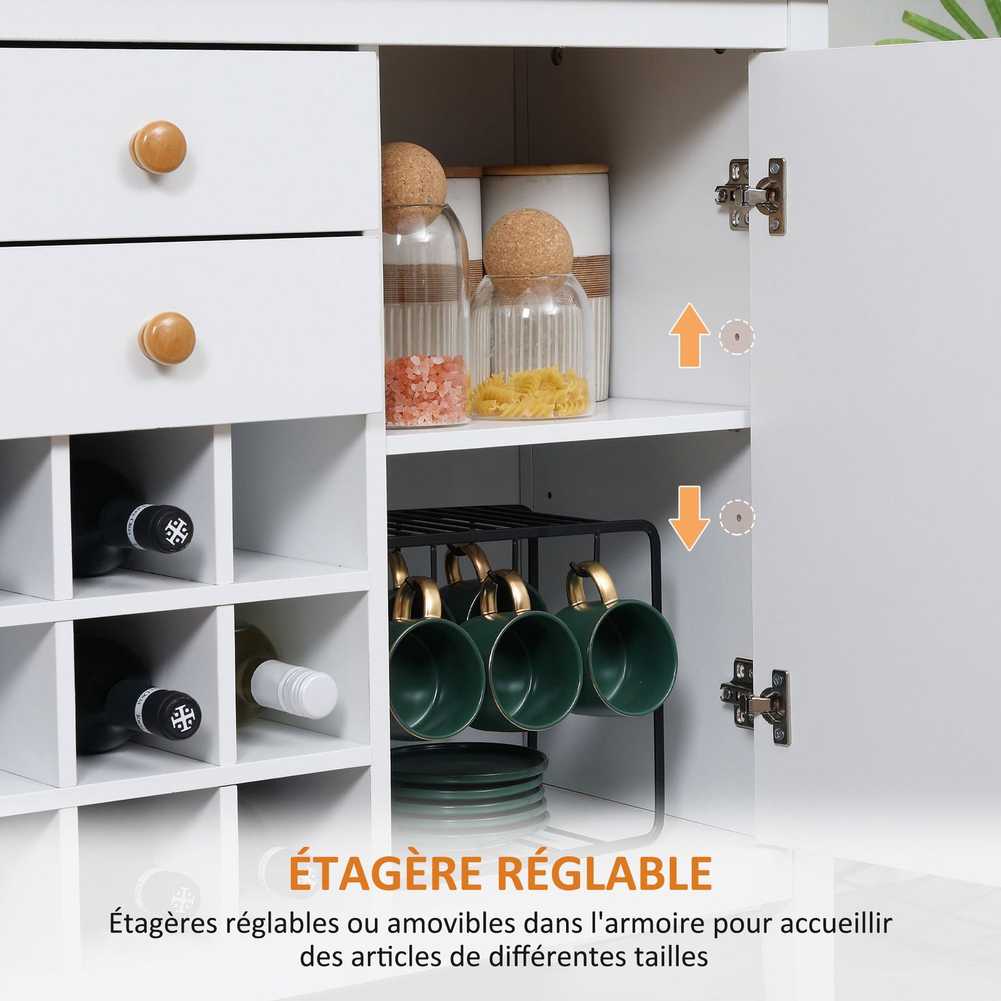 Opbergkast – Kastje – Dressoir – Bergkast – Buffetkast – 2 Laden – 2 Verstelbare Planken – Flessenhouder Voor 9 Flessen – Wit – Hout – 110 x 35 x 75 cm