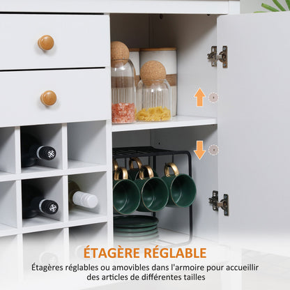 Opbergkast – Kastje – Dressoir – Bergkast – Buffetkast – 2 Laden – 2 Verstelbare Planken – Flessenhouder Voor 9 Flessen – Wit – Hout – 110 x 35 x 75 cm