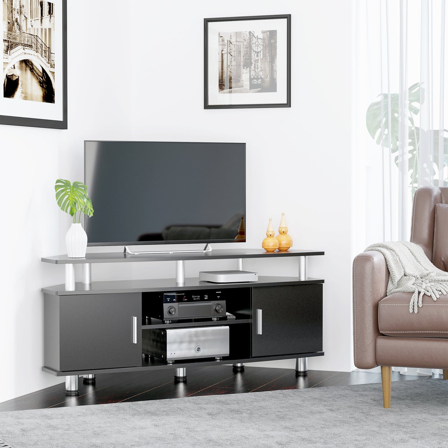 TV Meubel – Tv Kast – Tv Dressoir – Entertainmentmeubel – Mediameubel – Zwart Metaal – Opbergruimte Met 2 Deuren En Open Plank – Afmeting 120x40x52 cm