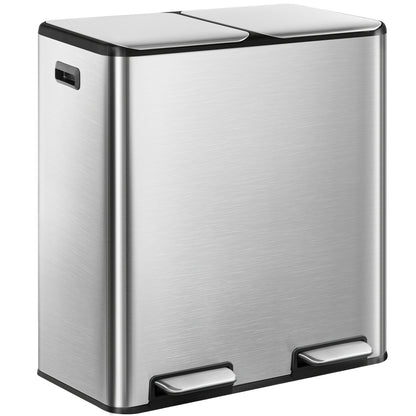 Prullenbak – Afvalbak – Vuilnisbak – Afvalemmer – Pedaalemmer – RVS en Kunststof – 60 Liter Dubbele Compartimenten – Softclose en Pedaalbediening