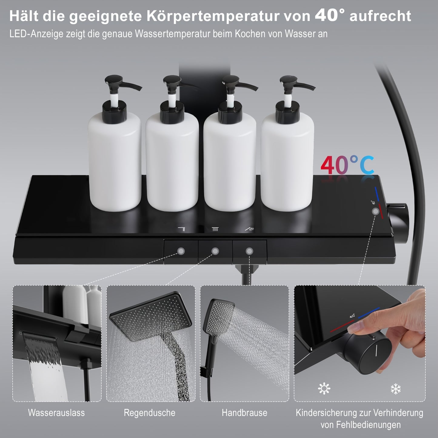 Douchekraan – Doucheset – Douchemengkraan – Thermostaatkraan – Handdouche – Matte Zwarte Afwerking – Thermostaat Met Glazen Plank – 3 Spraystanden Handdouche