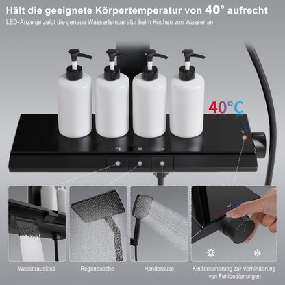 Douchekraan – Doucheset – Douchemengkraan – Thermostaatkraan – Handdouche – Matte Zwarte Afwerking – Thermostaat Met Glazen Plank – 3 Spraystanden Handdouche