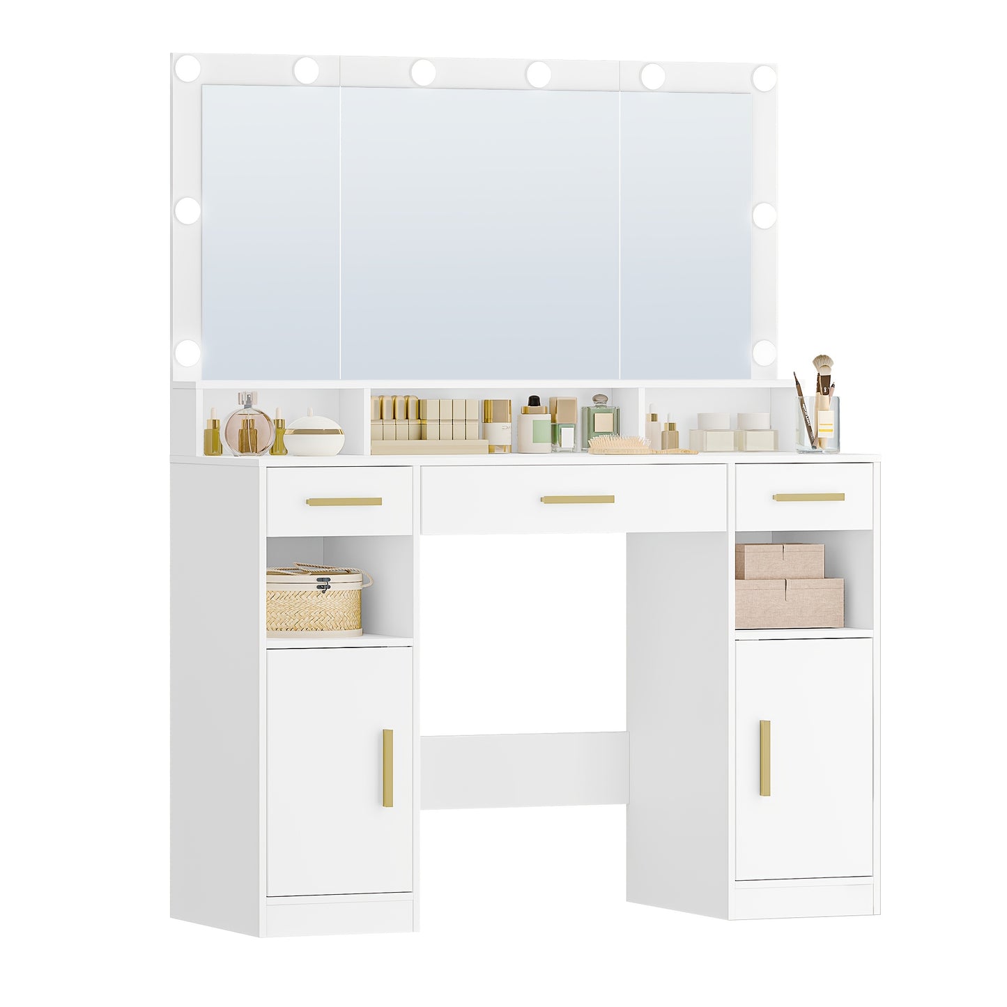 Grote Make-up Tafel – Kaptafel – Vanity Desk – Dressing Table – Opbergmeubel – Wit Met Gouden Handvaten – 3 Laden & 2 Kasten Met 5 Open Vakken – Hout & Spaanplaat – 140x108x40 cm