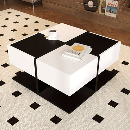 Salontafel – Woonkamertafel – Koffietafel – Bijzettafel – Tafel – Vierkant – 70x70x35,5 cm – 2 Soft-Close Lades – Zwart-Wit Modern Design