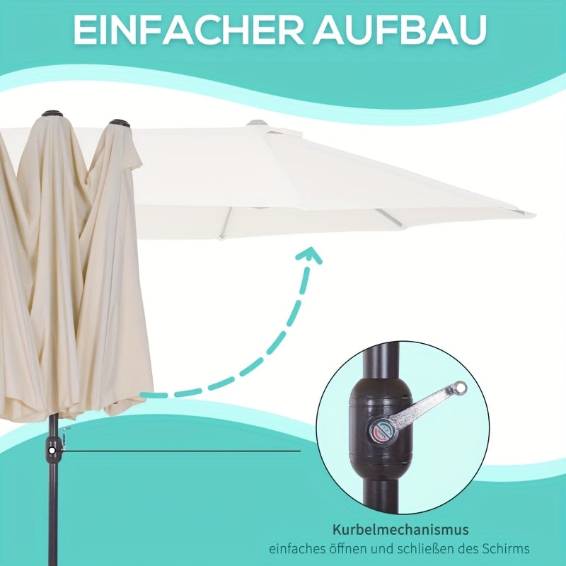 Extra Groot Ovaal Zonnescherm – Parasol – Tuinparasol – Terrasparasol – Balkonparasol – Beige/Wit – Handkurk Bediening – Stevig Aluminium Frame – Groot Doek 455x270x240 cm