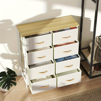 Ladekast – Ladekasten – Opbergkast – Kast – Ladenkast – 8 Stoffen Lades – Stalen Frame – Smal Verticaal Ontwerp – Antikantel Veilig – Inclusief 4 Opbergvakken en 2 Haakjes – Zwart-Wit Design – 68,5 cm Hoog – Duurzaam en Modern