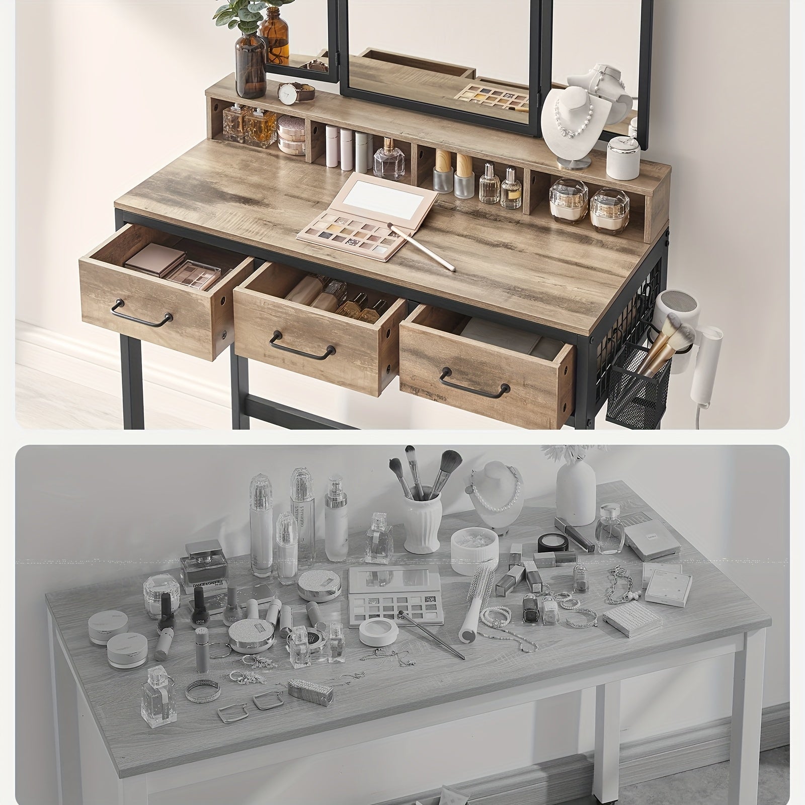 Kaptafel – Make-up Tafel – Cosmetische Tafel – Opmaaktafel – Visagie Tafel – Donker Hout & Zwarte Poten – 3 Laden en Driedelige Spiegel – Ingebouwde Haardrogerhouder – Met Krukje – Ruimtebesparend Design - QUORE
