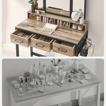 Kaptafel – Make-up Tafel – Cosmetische Tafel – Opmaaktafel – Visagie Tafel – Donker Hout & Zwarte Poten – 3 Laden en Driedelige Spiegel – Ingebouwde Haardrogerhouder – Met Krukje – Ruimtebesparend Design - QUORE