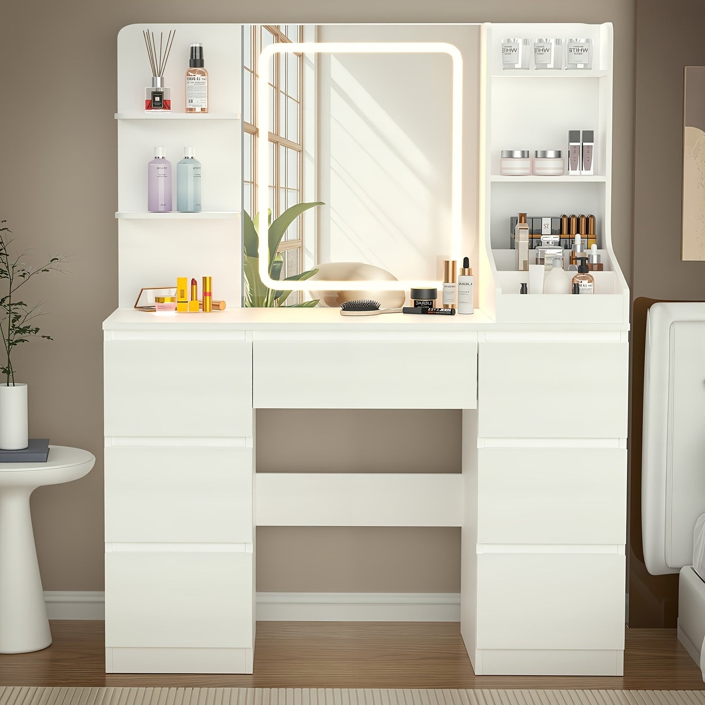 Make-up tafel – Make-up bureau – Schminktisch – Beauty tafel – Witte kaptafel – LED verstelbare verlichting – 7 lades en 4 open vakken – USB-gevoed