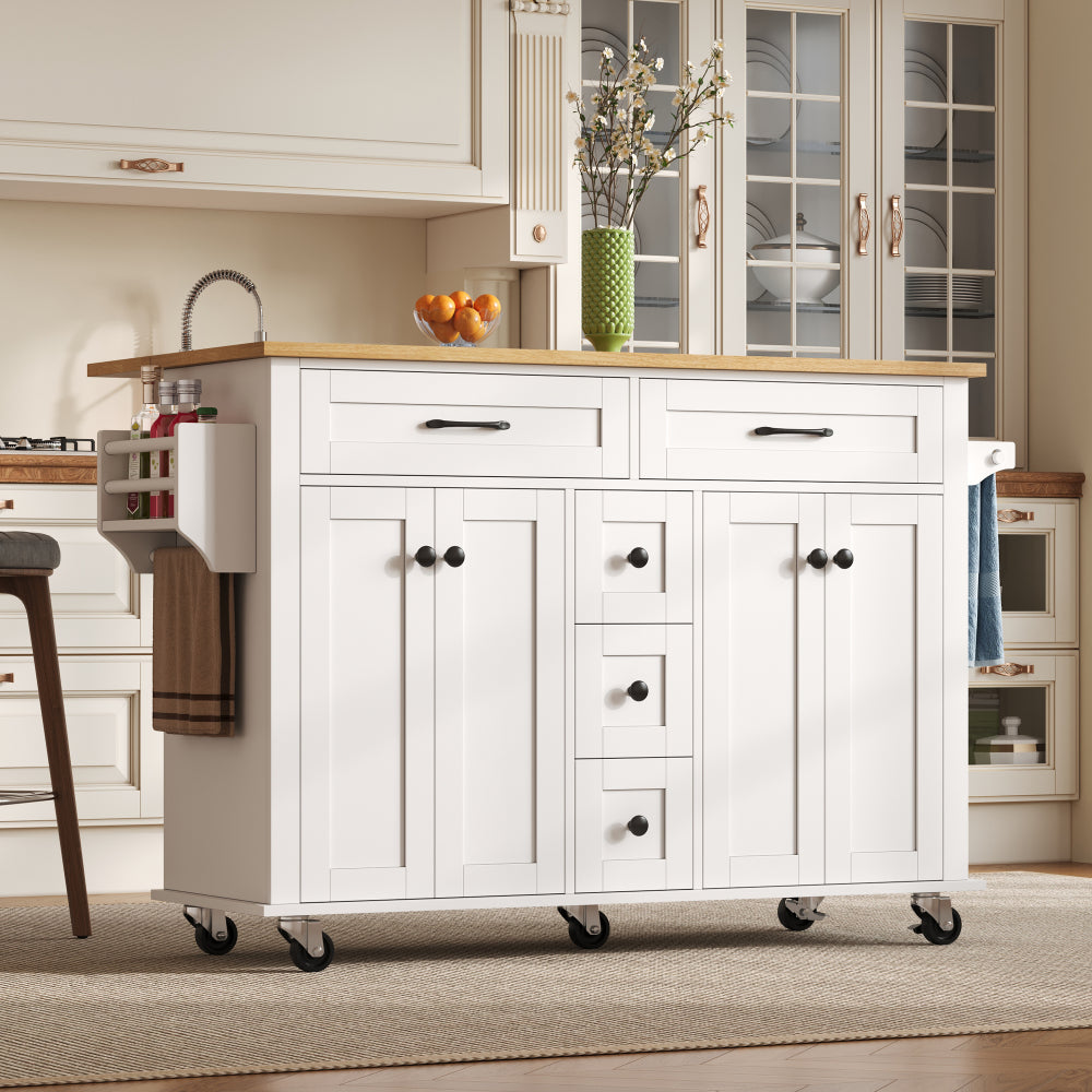 Multifunctional Kitchen Trolley with Foldable Worktop Extending to 120×65 cm | Features Five Drawers, Cupboards, Spice Rack, Towel Rail, Enclosed Storage, Metal Construction, Castors, Suitable for Kitchen Island in Kitchens,
