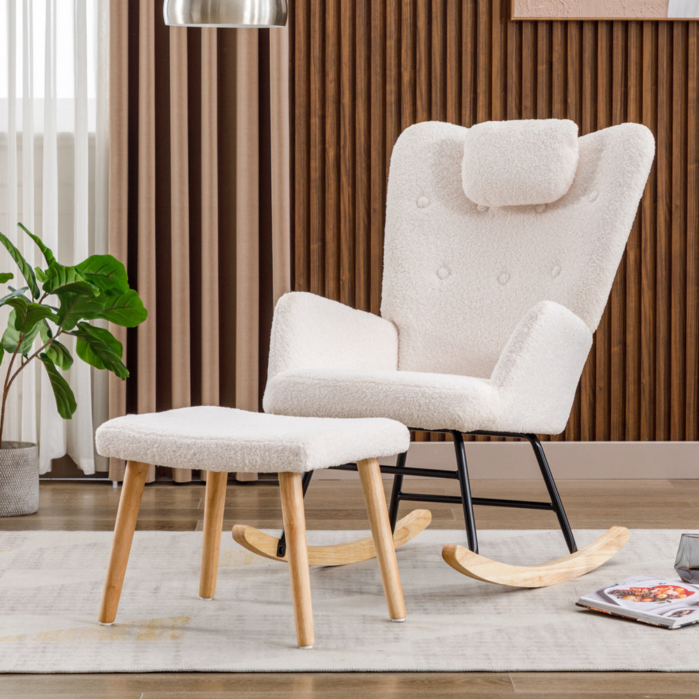 Schommelstoel – Rocking Chair – Relaxstoel – Schommelzetel – Witte Schommelstoel – Teddy Pluche Bekleding – Inclusief Hoofd- en Voetensteun