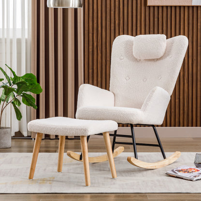 Schommelstoel – Rocking Chair – Relaxstoel – Schommelzetel – Witte Schommelstoel – Teddy Pluche Bekleding – Inclusief Hoofd- en Voetensteun