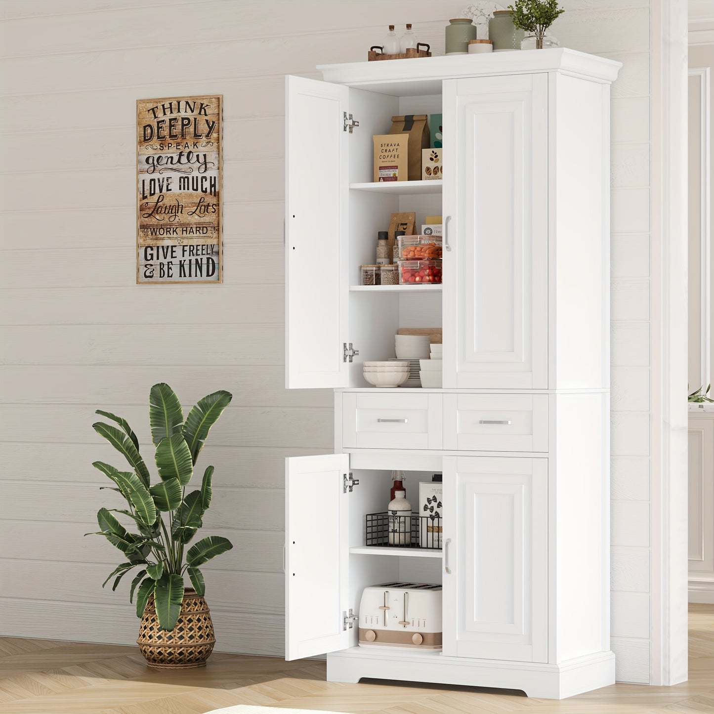 Kast – Opbergkast – Hoge Kast – Keukenkast – Dressoir – Wit – Hout – 69 cm Hoog – Ruime Indeling Met Lade en Deuren
