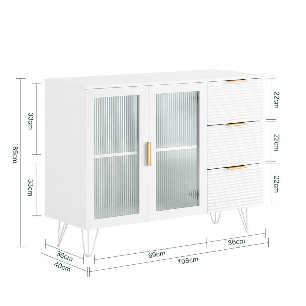 Keukenkastje – Keukenbuffet – Keukenmeubel – Opbergkast – Onderkast – 3 Laden – 2 Glazen Deuren – MDF Wit – Compact 108x85x40 cm